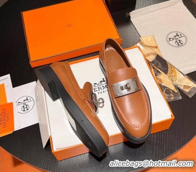 Sumptuous Hermes Hot Loafers in Calfskin with Oversized Kelly Buckle Brown 215054