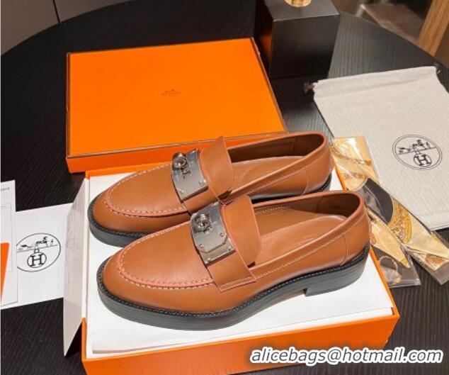 Sumptuous Hermes Hot Loafers in Calfskin with Oversized Kelly Buckle Brown 215054