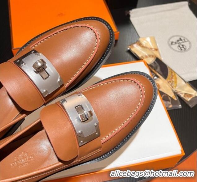 Sumptuous Hermes Hot Loafers in Calfskin with Oversized Kelly Buckle Brown 215054