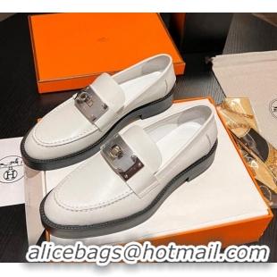 Best Price Hermes Hot Loafers in Calfskin with Oversized Kelly Buckle White 215055