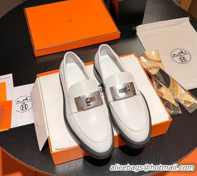 Best Price Hermes Hot Loafers in Calfskin with Oversized Kelly Buckle White 215055