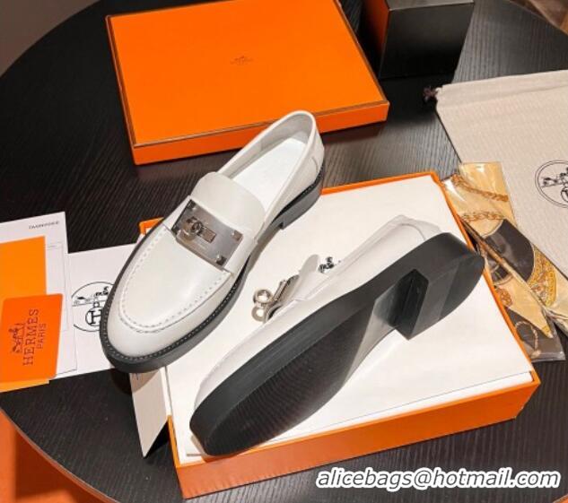 Best Price Hermes Hot Loafers in Calfskin with Oversized Kelly Buckle White 215055