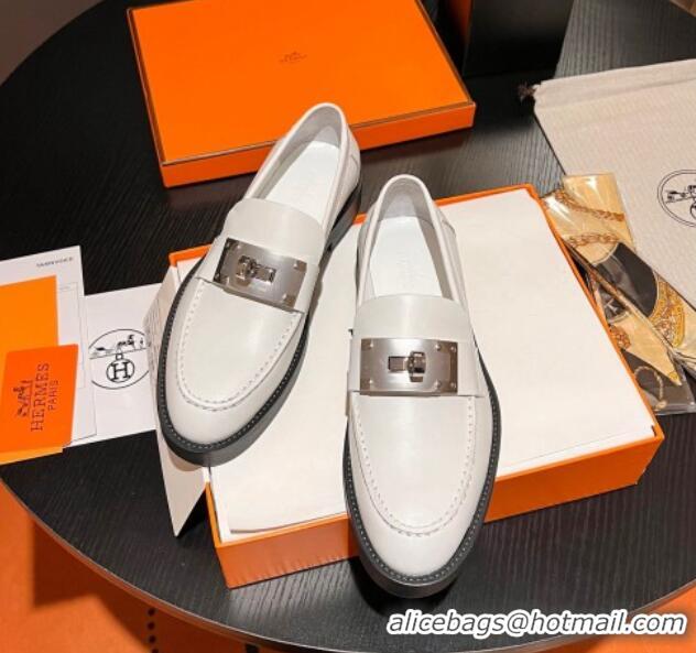 Best Price Hermes Hot Loafers in Calfskin with Oversized Kelly Buckle White 215055