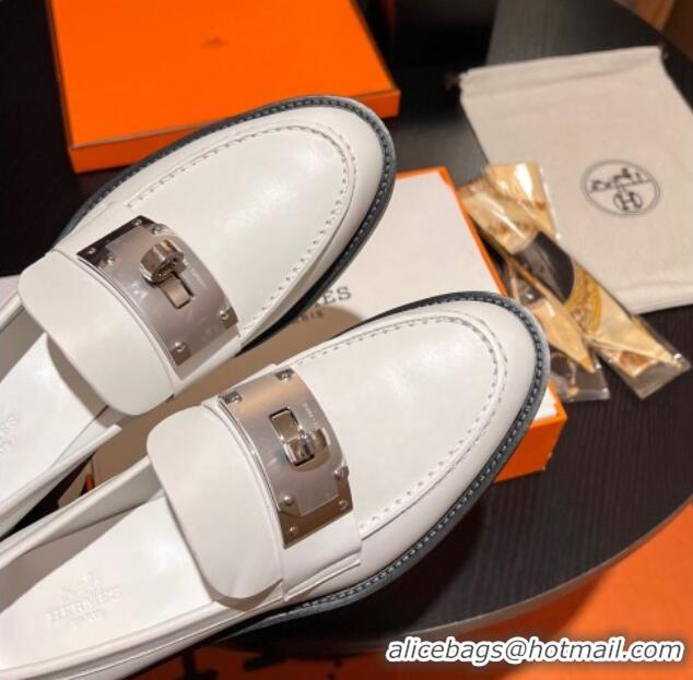 Best Price Hermes Hot Loafers in Calfskin with Oversized Kelly Buckle White 215055