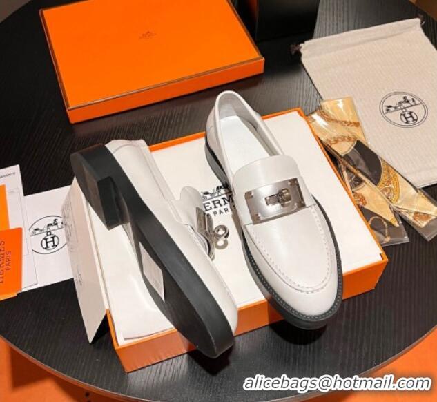 Best Price Hermes Hot Loafers in Calfskin with Oversized Kelly Buckle White 215055