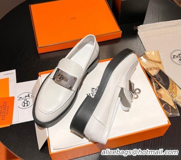 Best Price Hermes Hot Loafers in Calfskin with Oversized Kelly Buckle White 215055