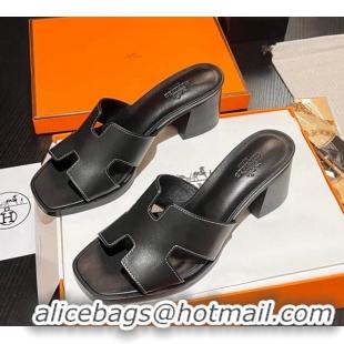 Hot Style Hermes Helia Heel Slide Sandals 6cm in Calfskin Black 215056