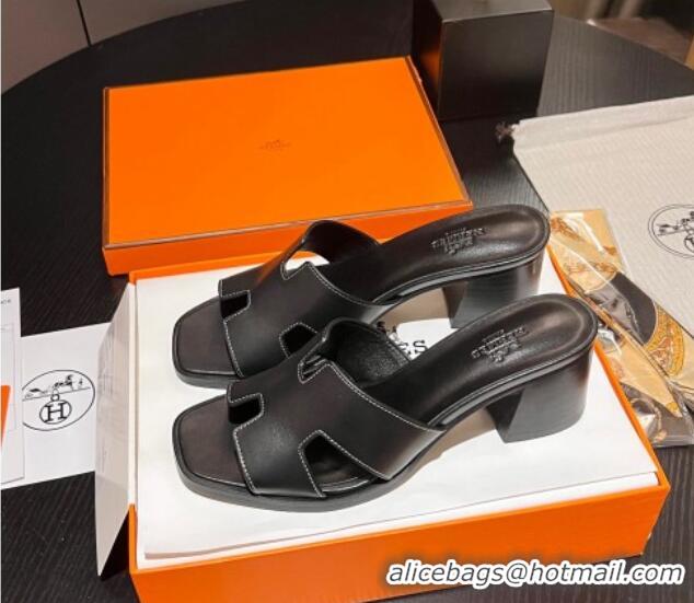 Hot Style Hermes Helia Heel Slide Sandals 6cm in Calfskin Black 215056