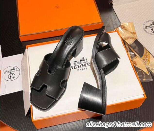 Hot Style Hermes Helia Heel Slide Sandals 6cm in Calfskin Black 215056