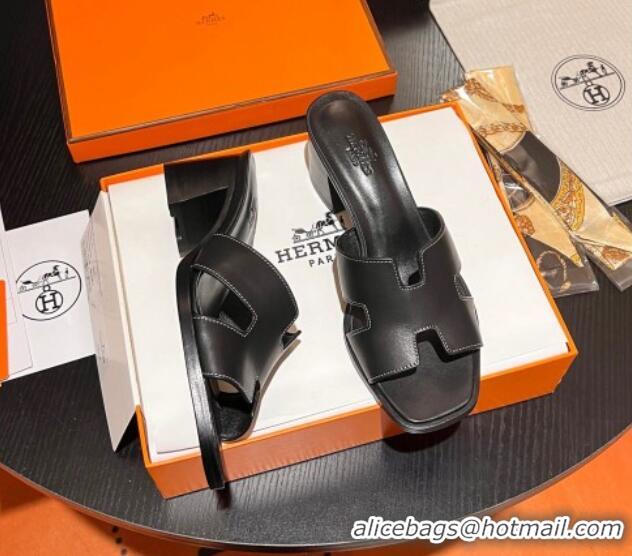 Hot Style Hermes Helia Heel Slide Sandals 6cm in Calfskin Black 215056