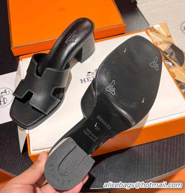 Hot Style Hermes Helia Heel Slide Sandals 6cm in Calfskin Black 215056