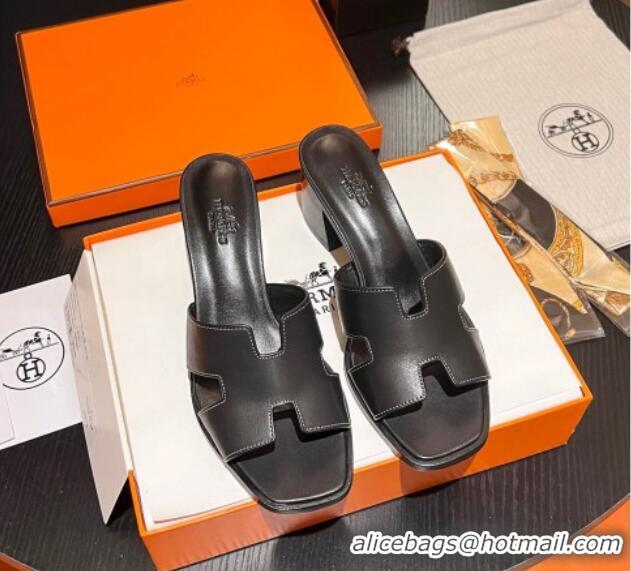 Hot Style Hermes Helia Heel Slide Sandals 6cm in Calfskin Black 215056