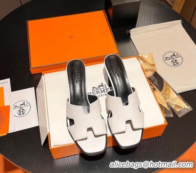 Stylish Hermes Helia Heel Slide Sandals 6cm in Calfskin White 215057