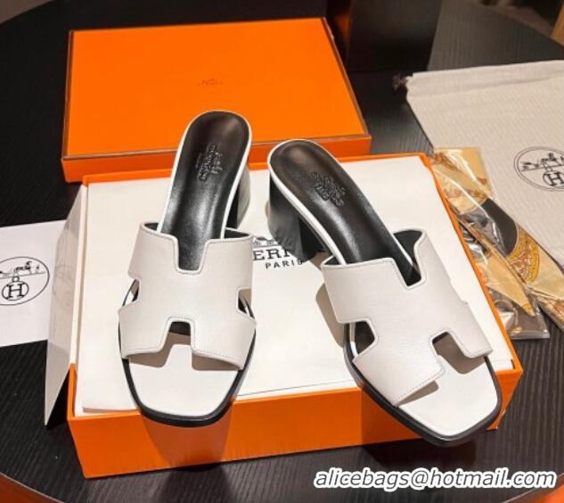 Stylish Hermes Helia Heel Slide Sandals 6cm in Calfskin White 215057