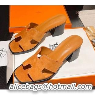 Classic Hot Hermes Helia Heel Slide Sandals 6cm in Suede Yellow 215058