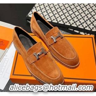 Shop Duplicate Hermes Faubourg Loafers in Suede Brown 215061