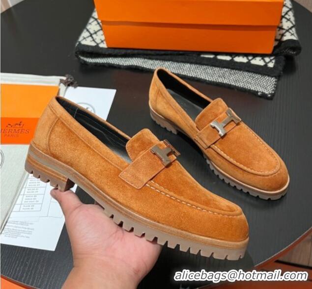 Shop Duplicate Hermes Faubourg Loafers in Suede Brown 215061