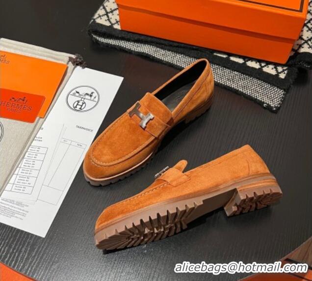 Shop Duplicate Hermes Faubourg Loafers in Suede Brown 215061