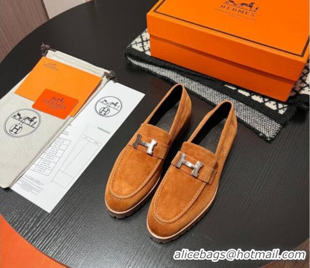 Shop Duplicate Hermes Faubourg Loafers in Suede Brown 215061