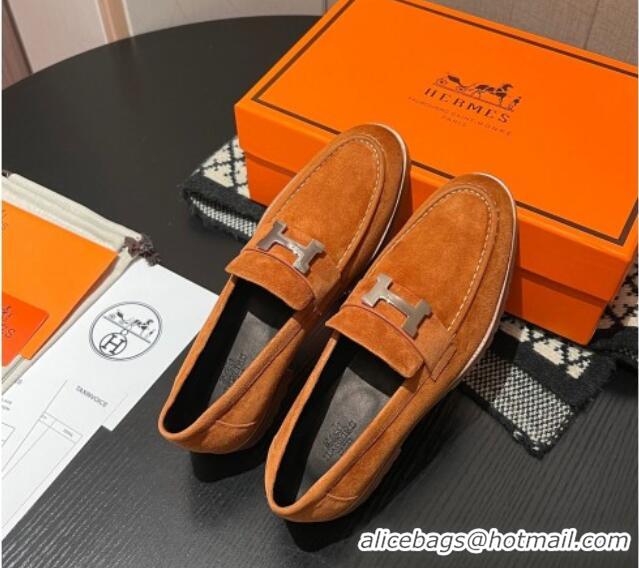 Shop Duplicate Hermes Faubourg Loafers in Suede Brown 215061