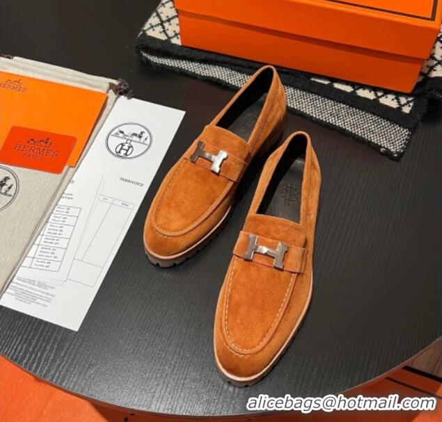 Shop Duplicate Hermes Faubourg Loafers in Suede Brown 215061