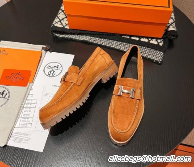 Shop Duplicate Hermes Faubourg Loafers in Suede Brown 215061