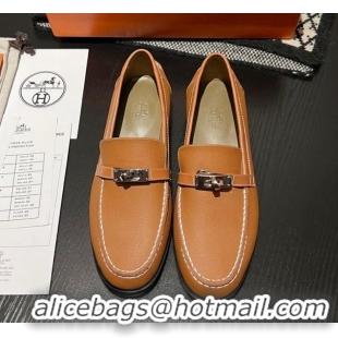 Grade Quality Hermes Destin Loafers in Grained Calfskin with Mini Kelly Buckle Brown 215062