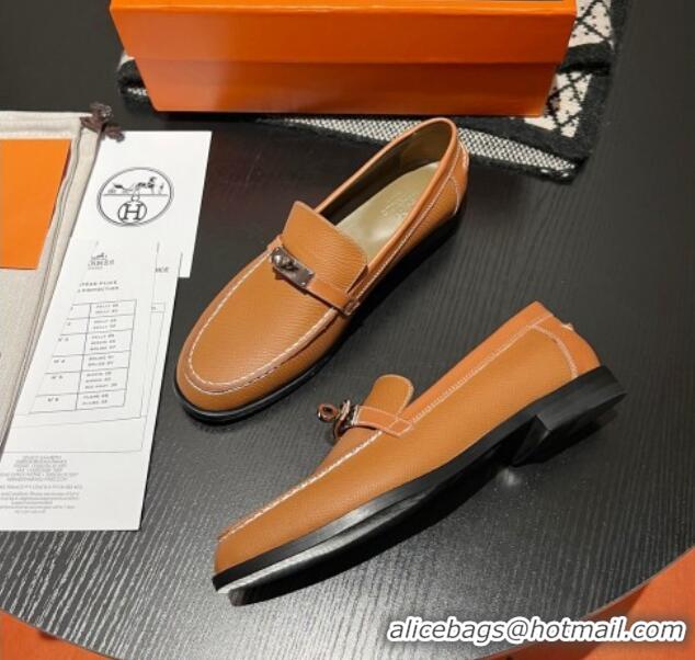 Grade Quality Hermes Destin Loafers in Grained Calfskin with Mini Kelly Buckle Brown 215062