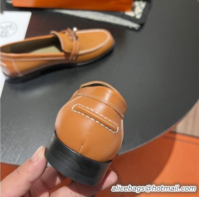 Grade Quality Hermes Destin Loafers in Grained Calfskin with Mini Kelly Buckle Brown 215062