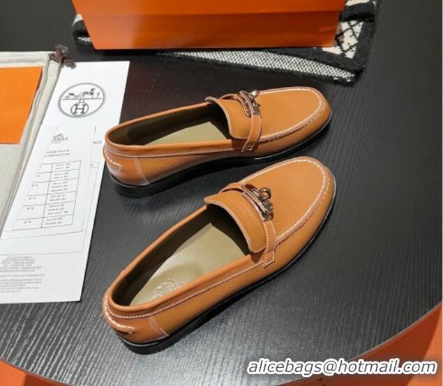 Grade Quality Hermes Destin Loafers in Grained Calfskin with Mini Kelly Buckle Brown 215062