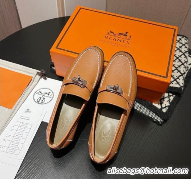 Grade Quality Hermes Destin Loafers in Grained Calfskin with Mini Kelly Buckle Brown 215062