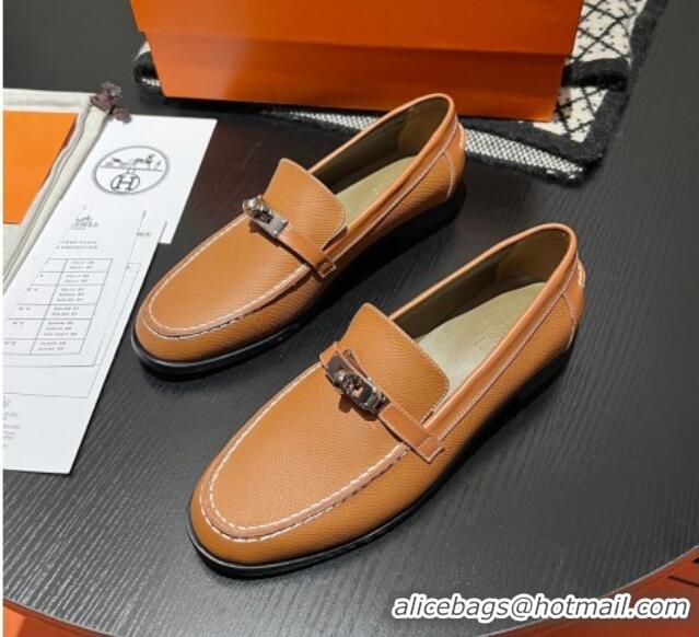 Grade Quality Hermes Destin Loafers in Grained Calfskin with Mini Kelly Buckle Brown 215062