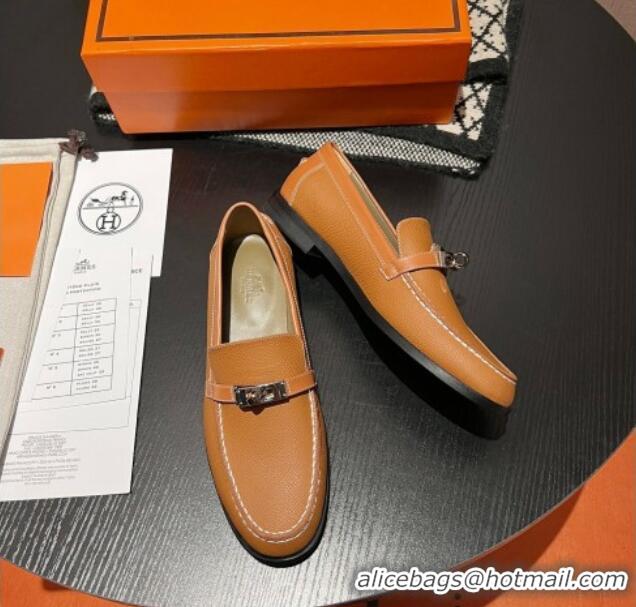 Grade Quality Hermes Destin Loafers in Grained Calfskin with Mini Kelly Buckle Brown 215062