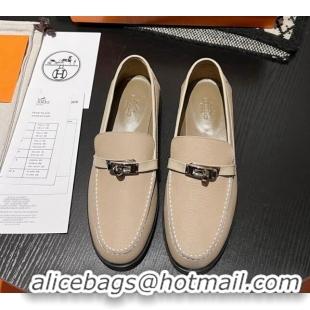 Good Quality Hermes Destin Loafers in Grained Calfskin with Mini Kelly Buckle Beige 215063