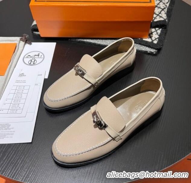 Good Quality Hermes Destin Loafers in Grained Calfskin with Mini Kelly Buckle Beige 215063