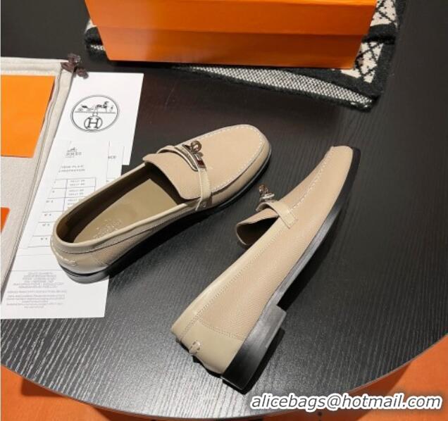 Good Quality Hermes Destin Loafers in Grained Calfskin with Mini Kelly Buckle Beige 215063