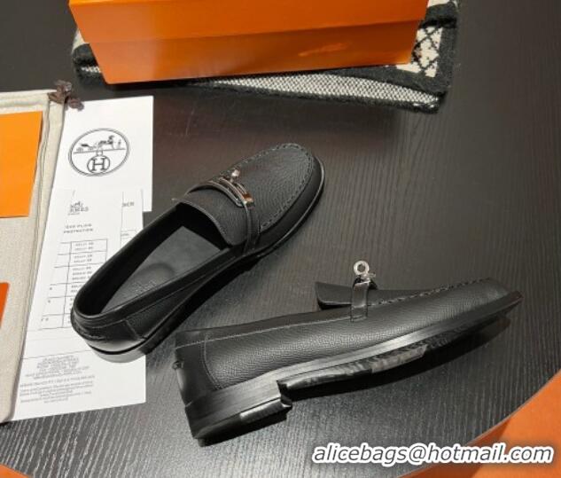 Best Grade Hermes Destin Loafers in Grained Calfskin with Mini Kelly Buckle Black 215064