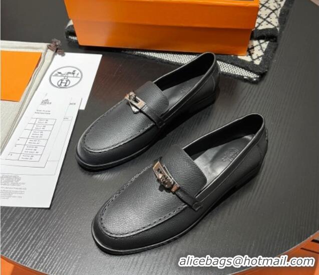 Best Grade Hermes Destin Loafers in Grained Calfskin with Mini Kelly Buckle Black 215064