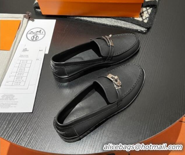 Best Grade Hermes Destin Loafers in Grained Calfskin with Mini Kelly Buckle Black 215064