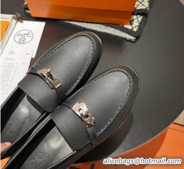 Best Grade Hermes Destin Loafers in Grained Calfskin with Mini Kelly Buckle Black 215064