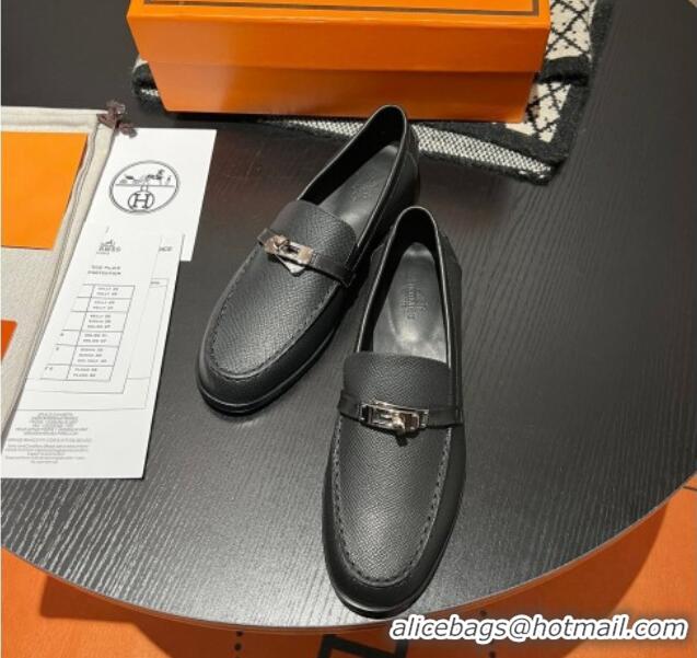 Best Grade Hermes Destin Loafers in Grained Calfskin with Mini Kelly Buckle Black 215064