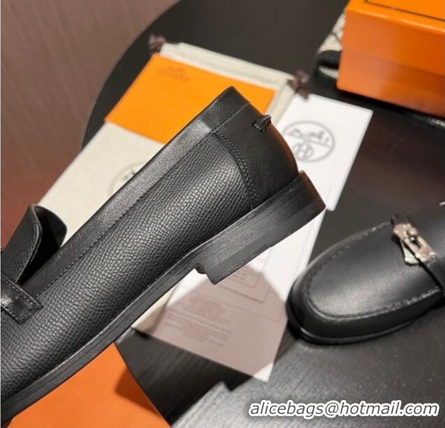 Best Grade Hermes Destin Loafers in Grained Calfskin with Mini Kelly Buckle Black 215064