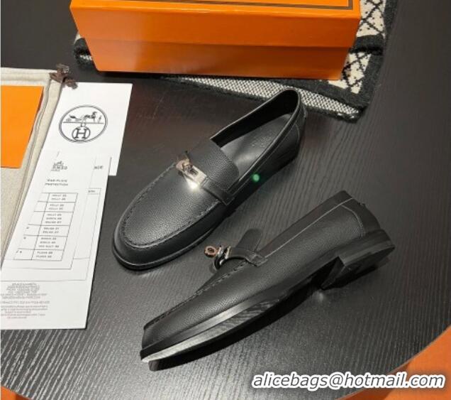 Best Grade Hermes Destin Loafers in Grained Calfskin with Mini Kelly Buckle Black 215064