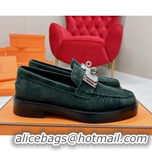 Unique Style Hermes Hot Loafers in Suede with Oversized Kelly Buckle Dark Green 215066