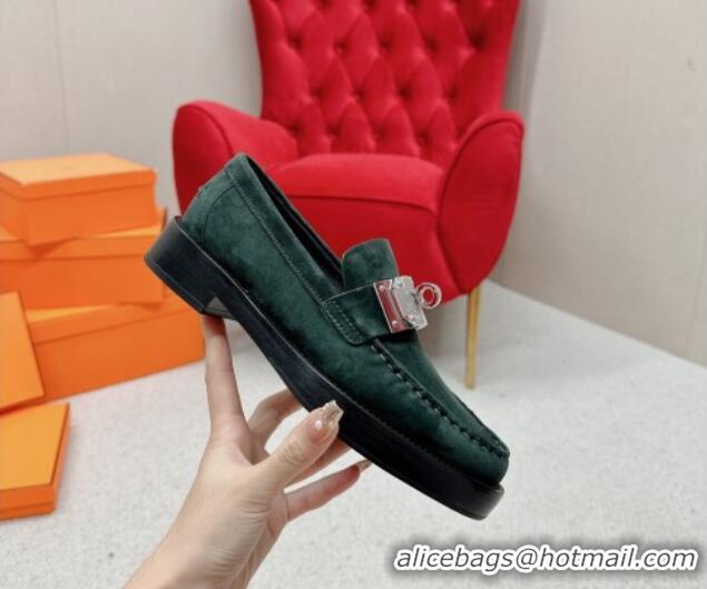 Unique Style Hermes Hot Loafers in Suede with Oversized Kelly Buckle Dark Green 215066