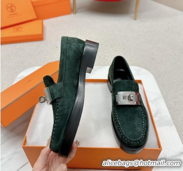 Unique Style Hermes Hot Loafers in Suede with Oversized Kelly Buckle Dark Green 215066