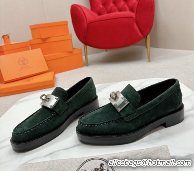 Unique Style Hermes Hot Loafers in Suede with Oversized Kelly Buckle Dark Green 215066