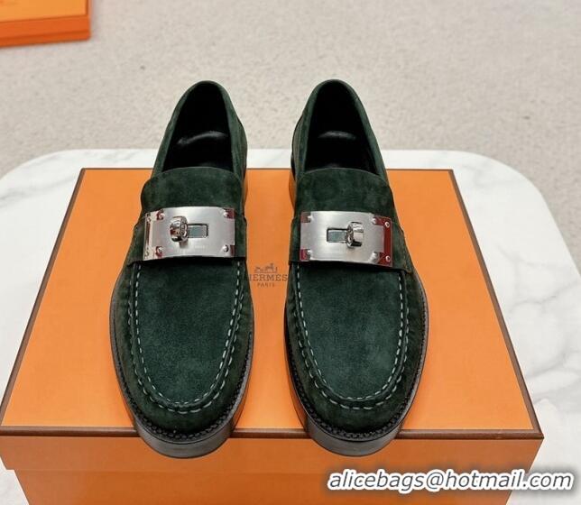 Unique Style Hermes Hot Loafers in Suede with Oversized Kelly Buckle Dark Green 215066