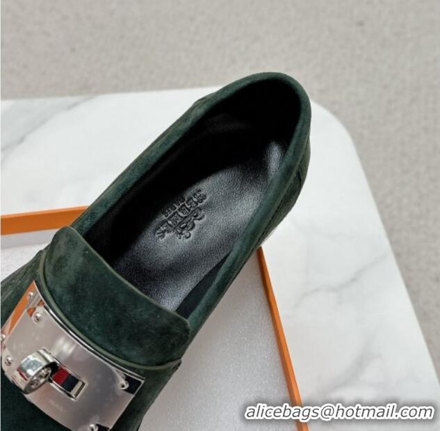 Unique Style Hermes Hot Loafers in Suede with Oversized Kelly Buckle Dark Green 215066