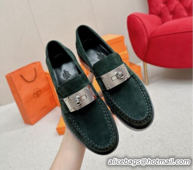 Unique Style Hermes Hot Loafers in Suede with Oversized Kelly Buckle Dark Green 215066